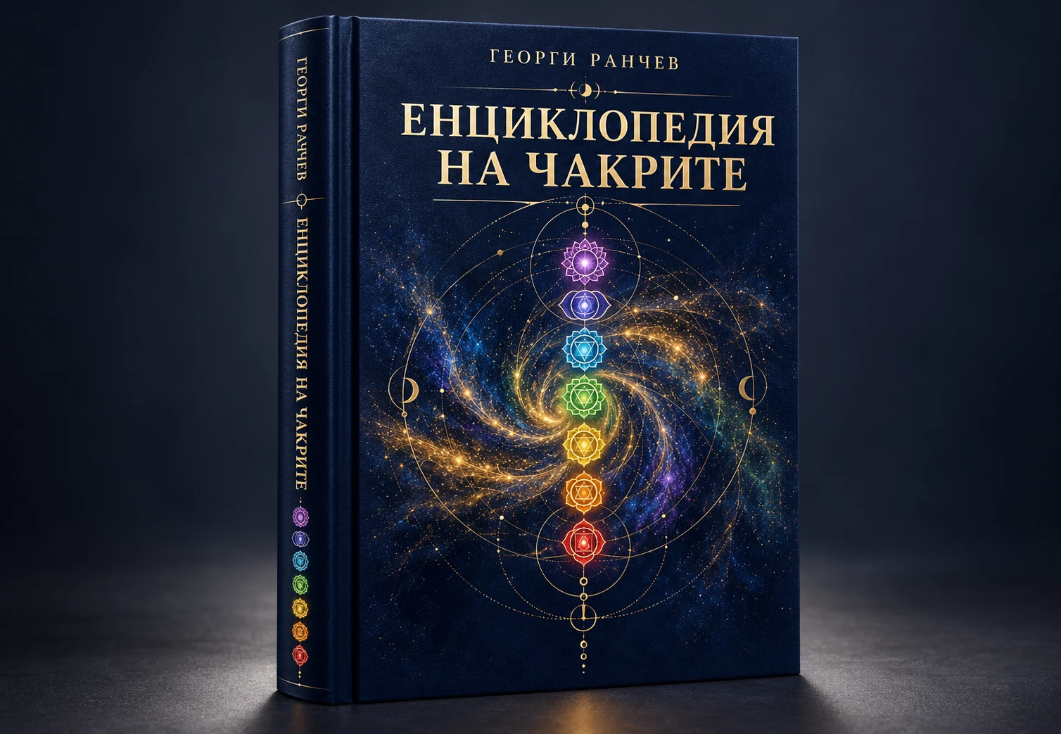 Тъмносиня визуална концепция за Енциклопедия на чакрите със седем чакрови символа