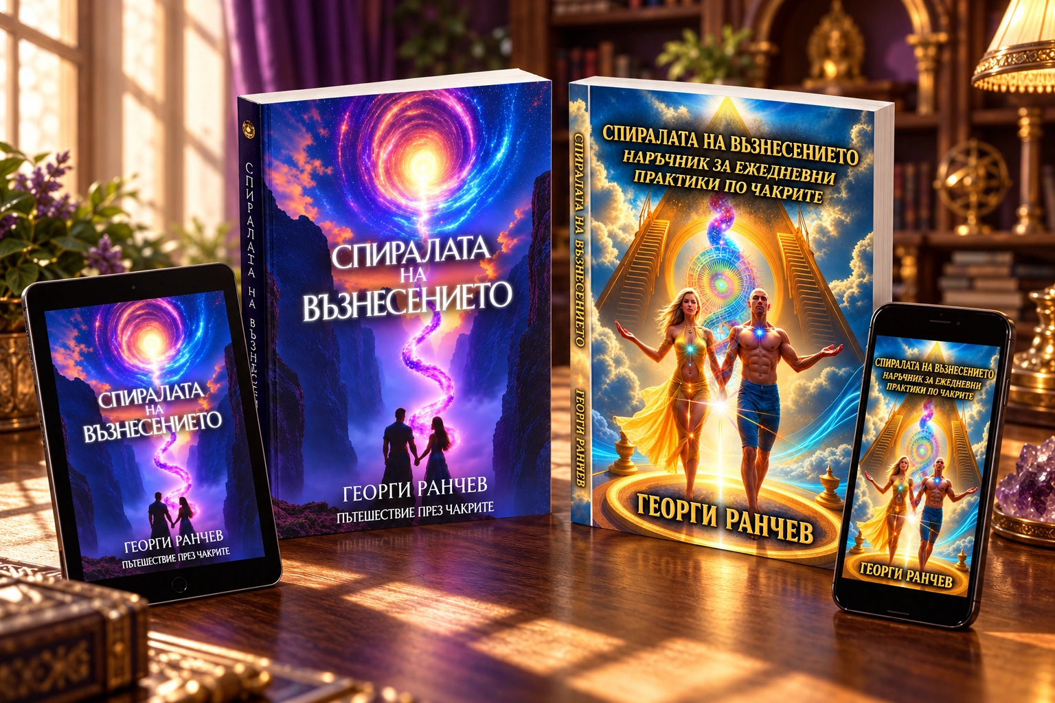 Двете печатни книги Спиралата на Възнесението и ежедневният наръчник, заедно с двата PDF файла на таблет и телефон