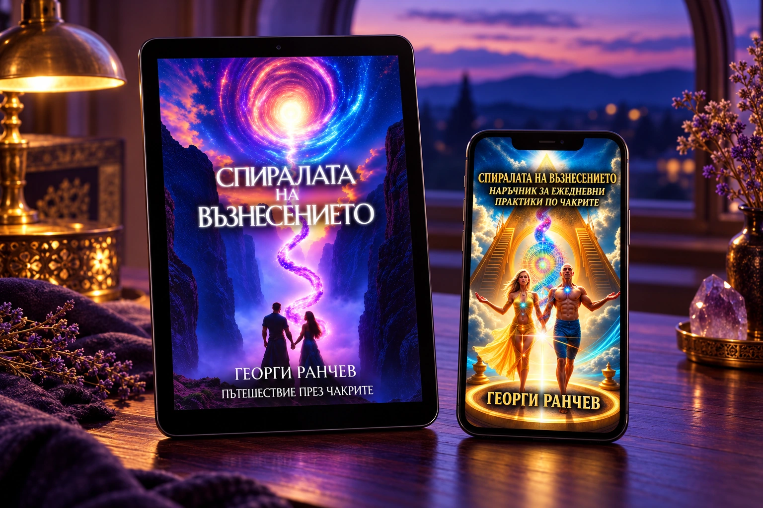Двете дигитални книги Спиралата на Възнесението и ежедневният наръчник, показани на таблет и телефон